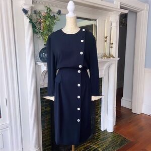 VINTAGE VALENTINO MISS V 100% Wool Navy Side Button Midi Dress Size 10